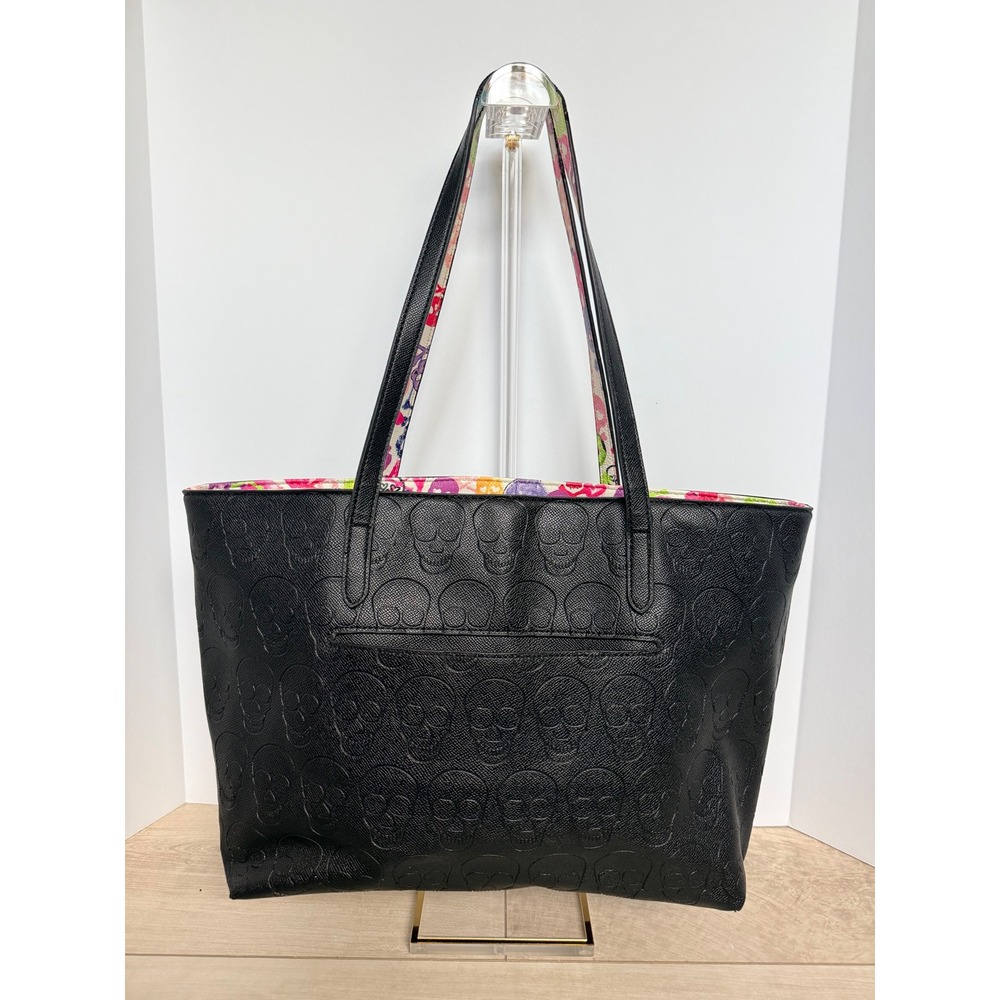 Betsey Johnson Skull Embossed Tote Bag Graffiti Lining Faux Leather Black - Picture 3 of 13